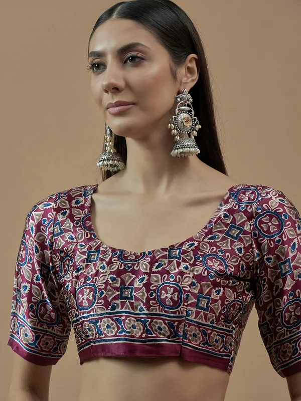 Printed wine japan satin saree