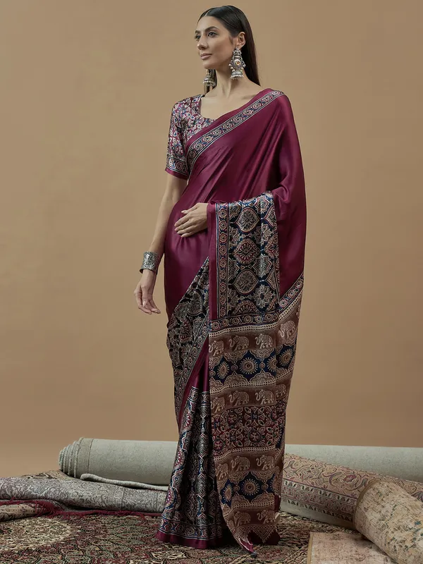 Printed wine japan satin saree