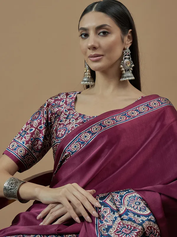 Printed wine japan satin saree