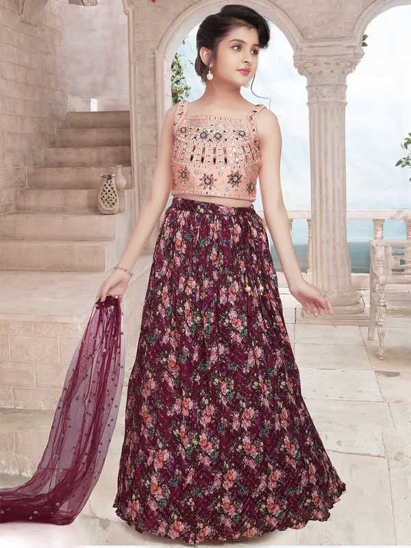 Printed wine georgette lehenga choli for girls