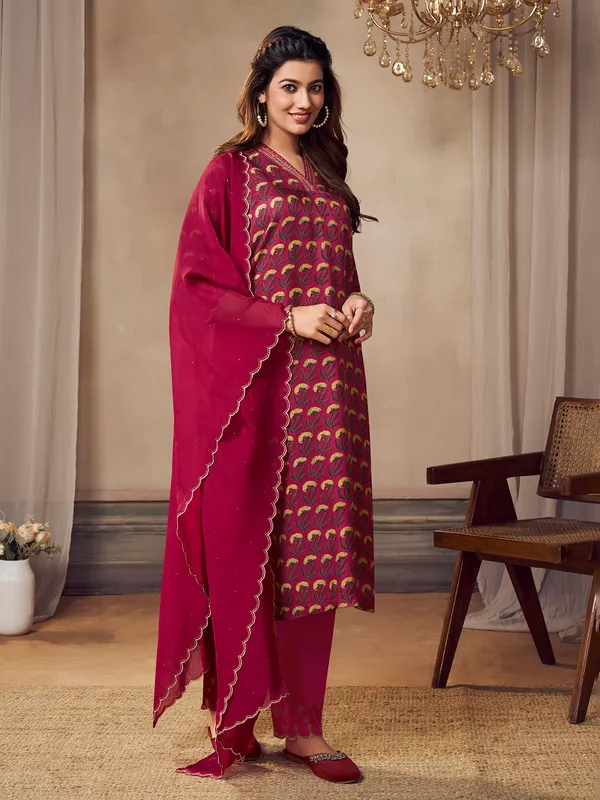 Printed wine silk kurti set
