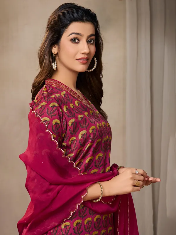 Printed wine silk kurti set