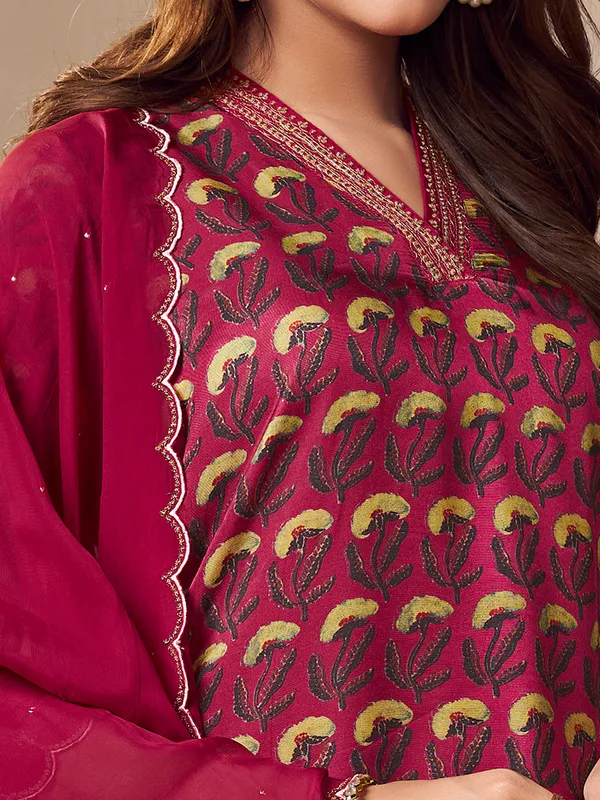 Printed wine silk kurti set