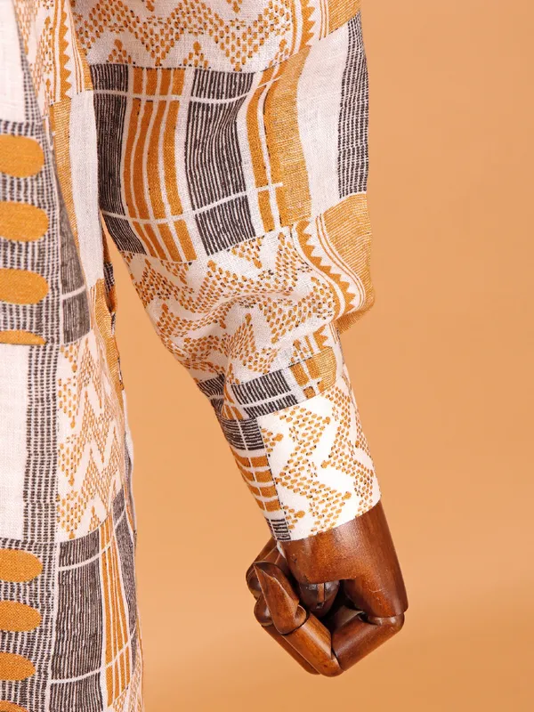 Printed yellow cotton kurta suit for men