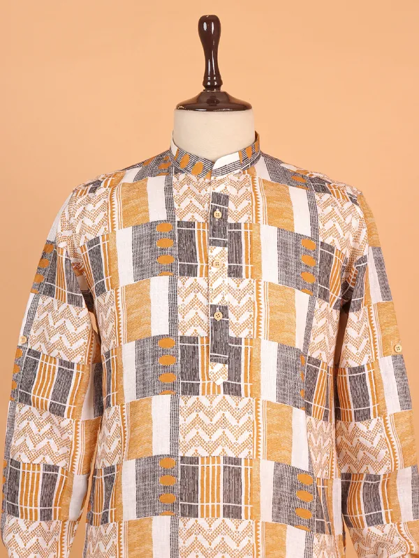 Printed yellow cotton kurta suit for men