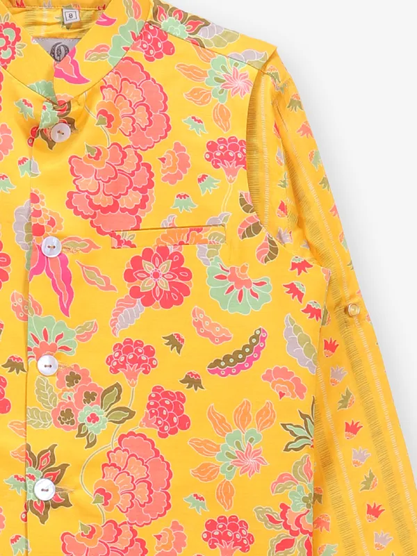 Printed yellow cotton silk waistcoat set for boys