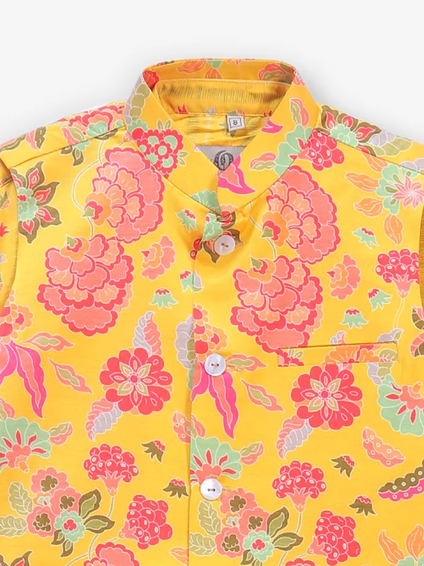 Printed yellow cotton silk waistcoat set for boys