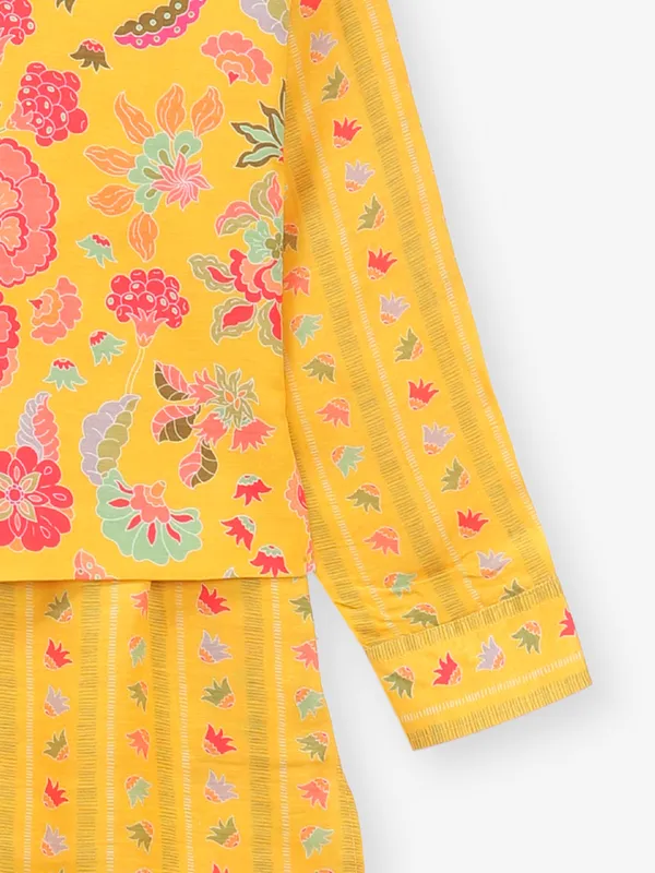Printed yellow cotton silk waistcoat set for boys