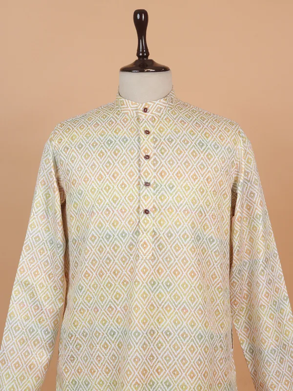 Printed yellow haldi kurta suit for men