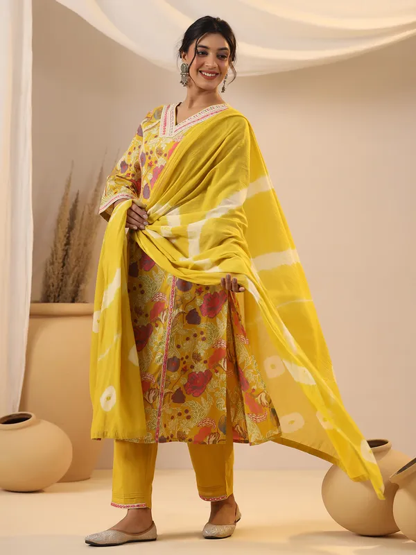 Printed yellow kurti set in silk