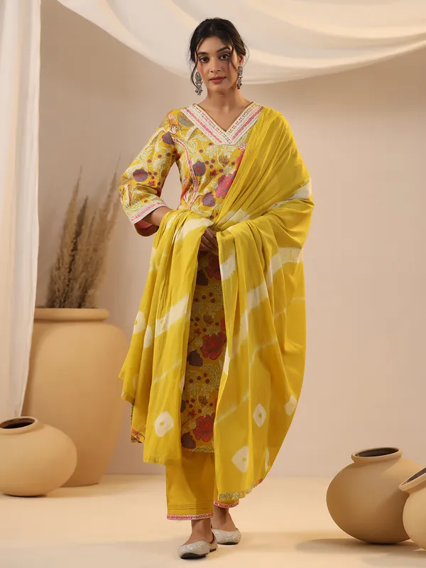 Printed yellow kurti set in silk