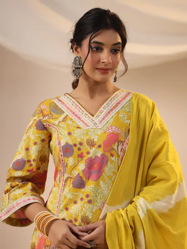 Printed yellow kurti set in silk