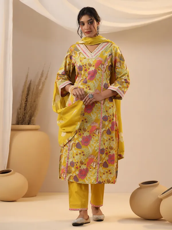 Printed yellow kurti set in silk