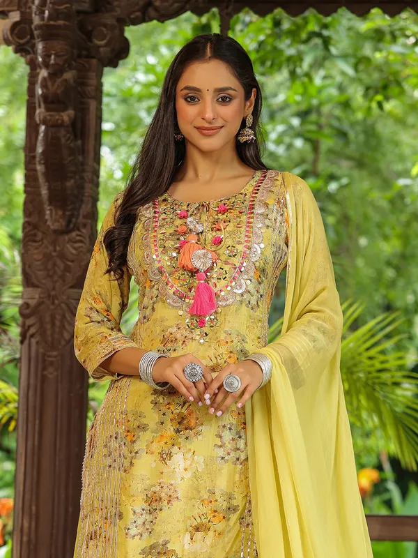 Printed yellow long kurti with dupatta