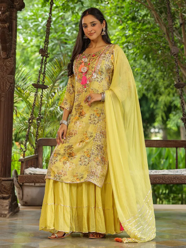 Printed yellow long kurti with dupatta