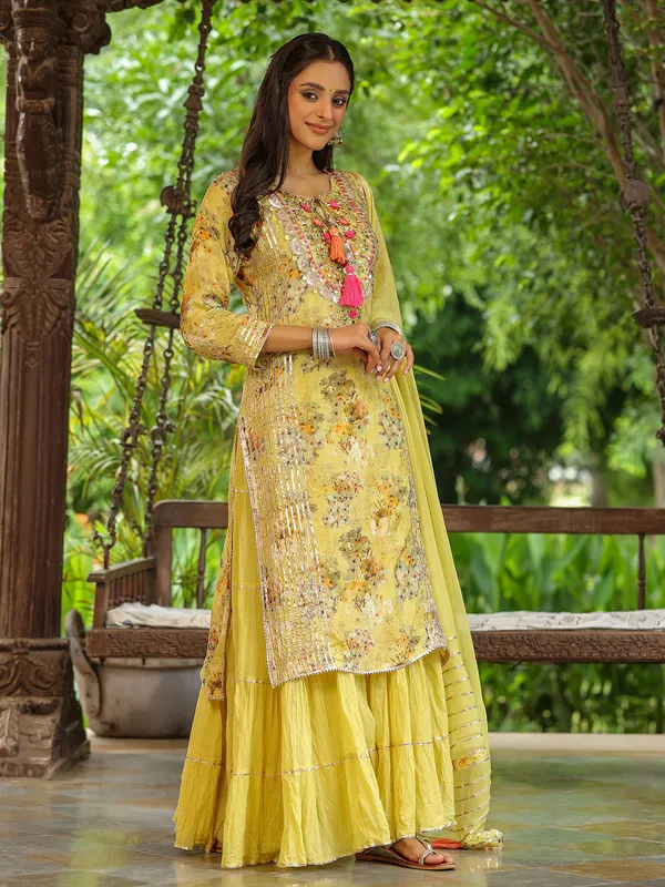 Printed yellow long kurti with dupatta