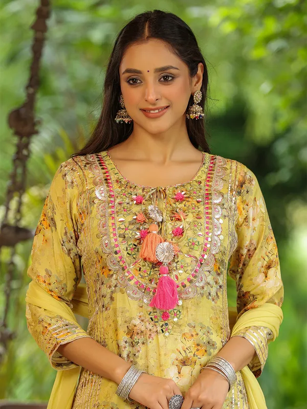 Printed yellow long kurti with dupatta