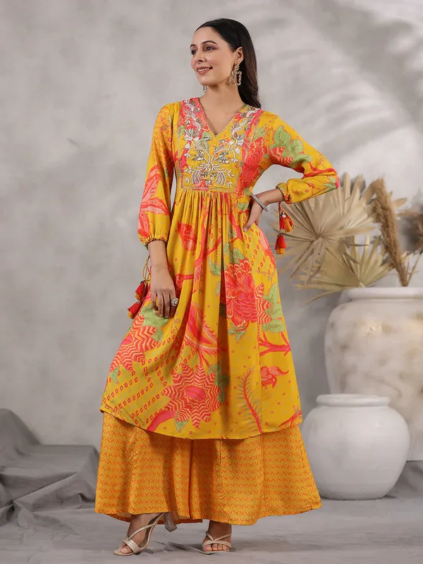 Printed yellow palazzo set in silk