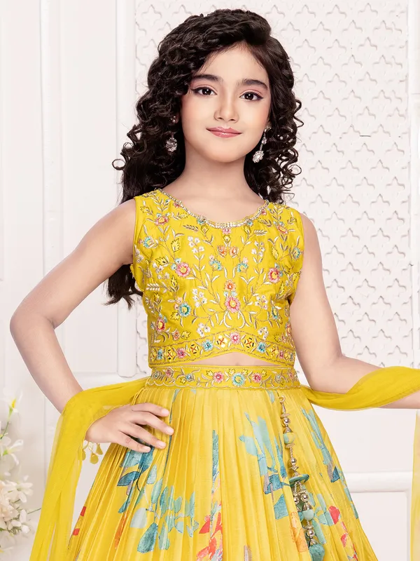 Printed yellow silk lehenga choli for girls