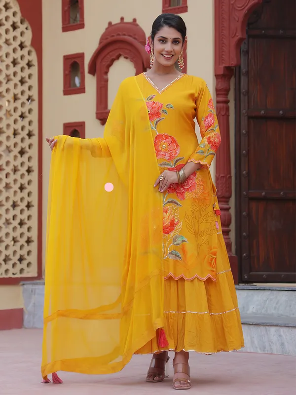 Printed yellow silk long kurti