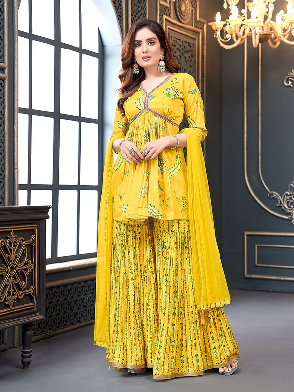 Printed yellow silk sharara suit