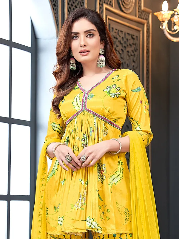 Printed yellow silk sharara suit