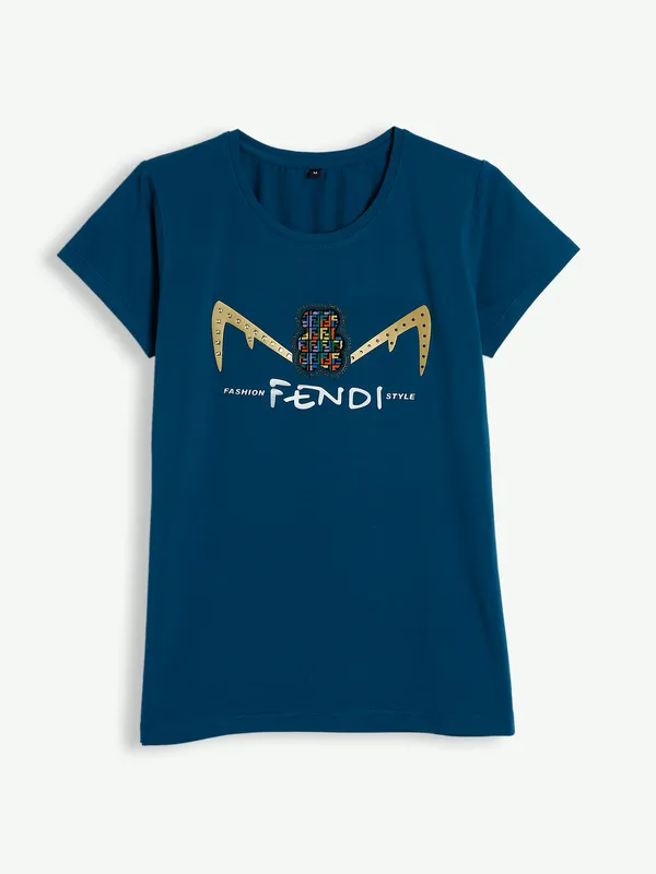Prussian blue cotton printed t shirt