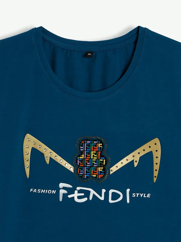 Prussian blue cotton printed t shirt
