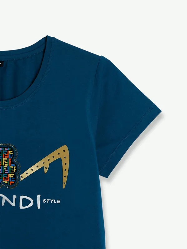 Prussian blue cotton printed t shirt