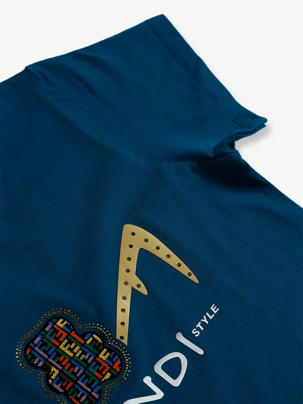 Prussian blue cotton printed t shirt