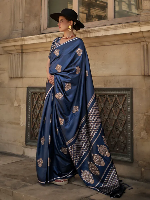 Prussian blue satin silk saree for wedding