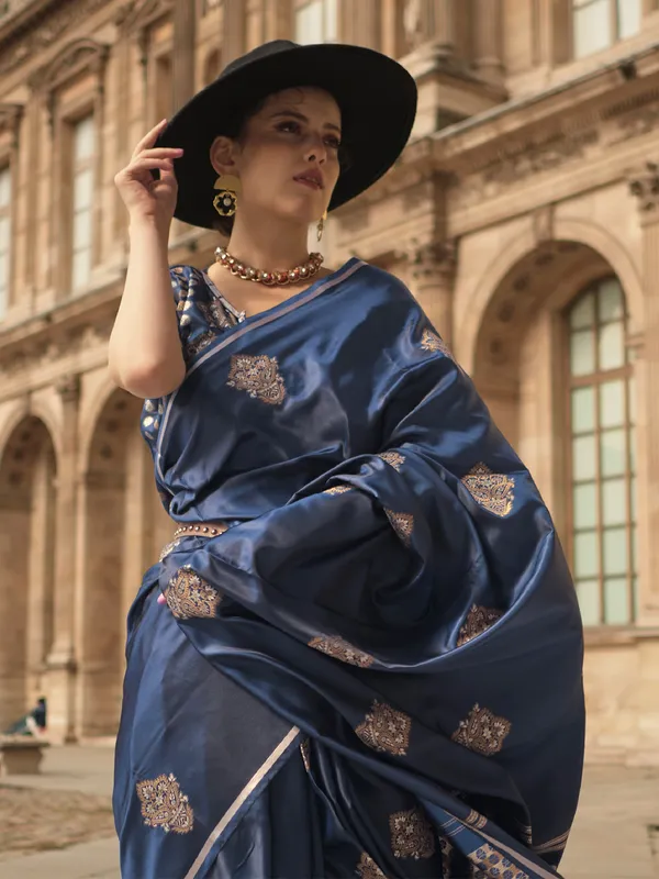 Prussian blue satin silk saree for wedding