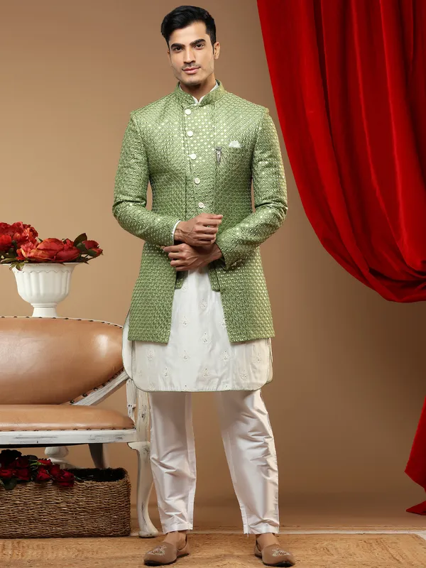 Pastel cotton silk wedding occasions indowestern for men