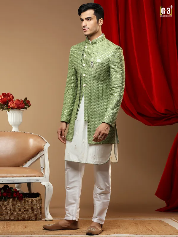 Pastel cotton silk wedding occasions indowestern for men