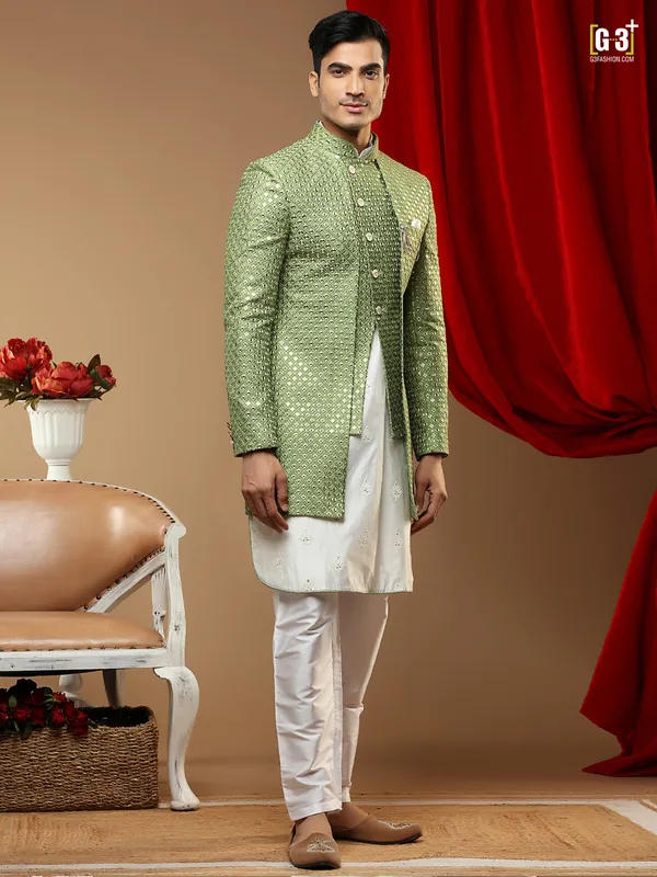 Pastel cotton silk wedding occasions indowestern for men
