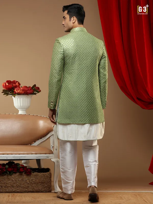 Pastel cotton silk wedding occasions indowestern for men