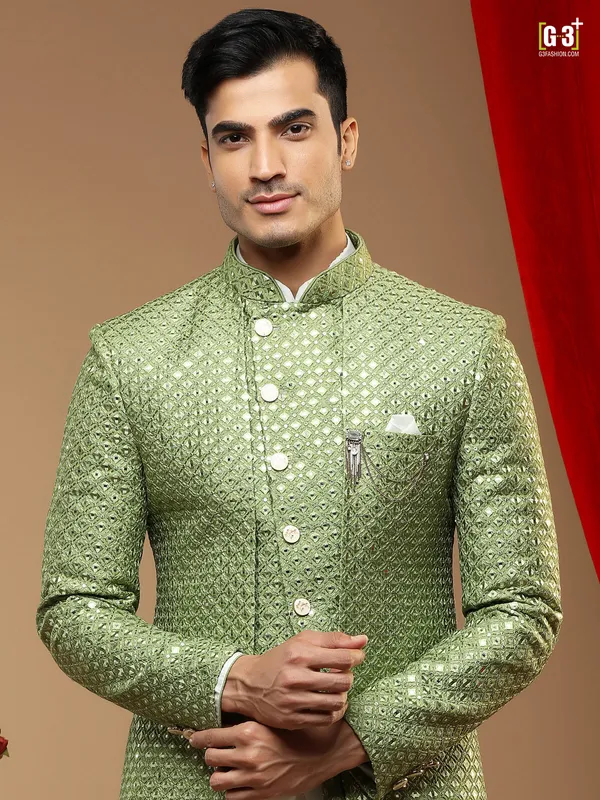 Pastel cotton silk wedding occasions indowestern for men
