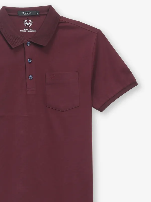 PSOULZ maroon cotton slim fit t-shirt