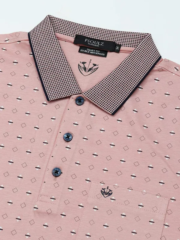 Psoulz printed peach cotton polo t-shirt