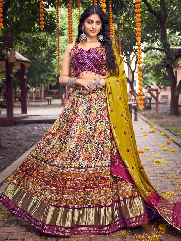 Puple silk lagdi patta lehenga