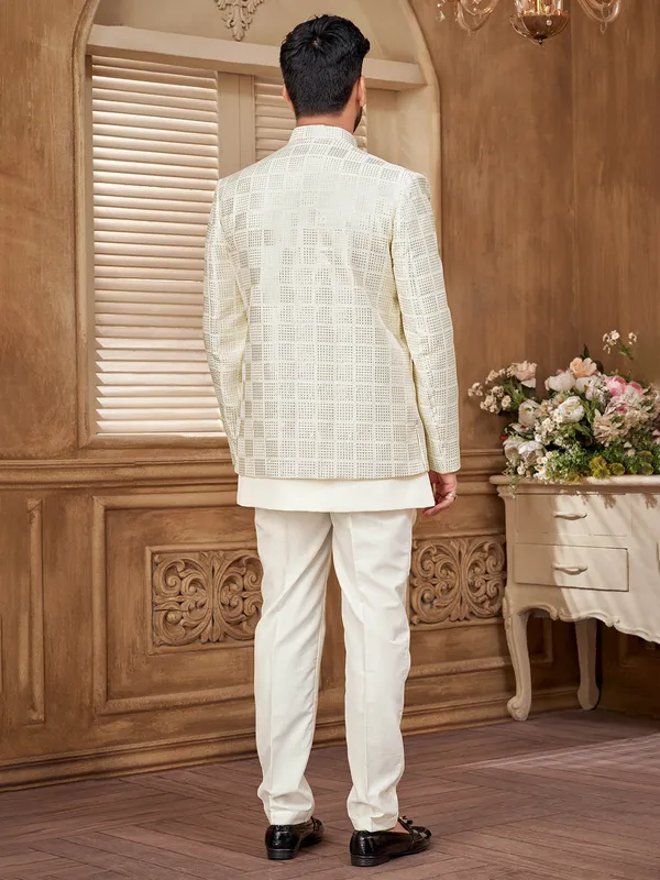 Pure white raw silk indowestern in fine cotton silk for men