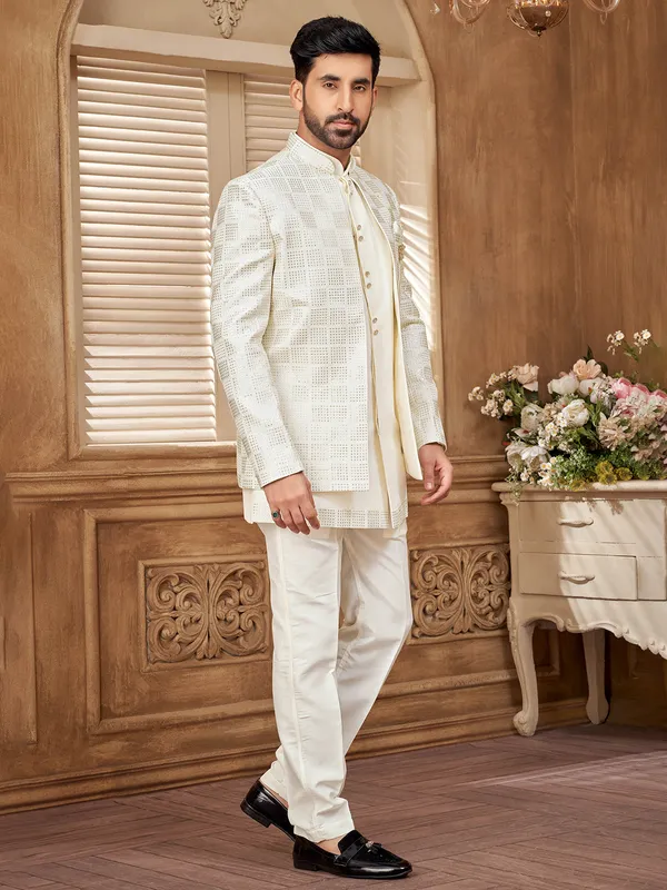 Pure white raw silk indowestern in fine cotton silk for men