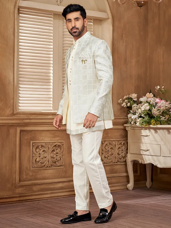 Pure white raw silk indowestern in fine cotton silk for men