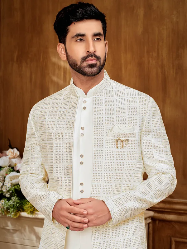 Pure white raw silk indowestern in fine cotton silk for men