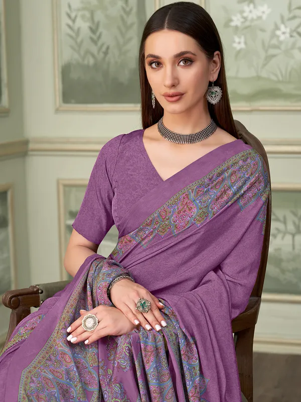 Purple crepe saree with printed border