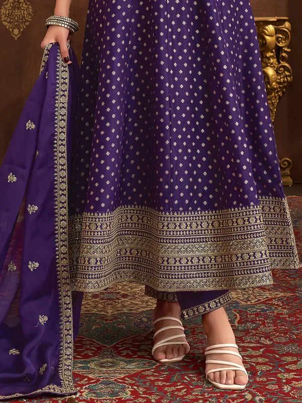 Purple anarkali suit in silk for wedding wear