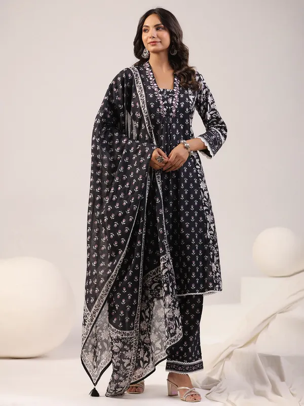 Purple and black casual printed cotton kurti set