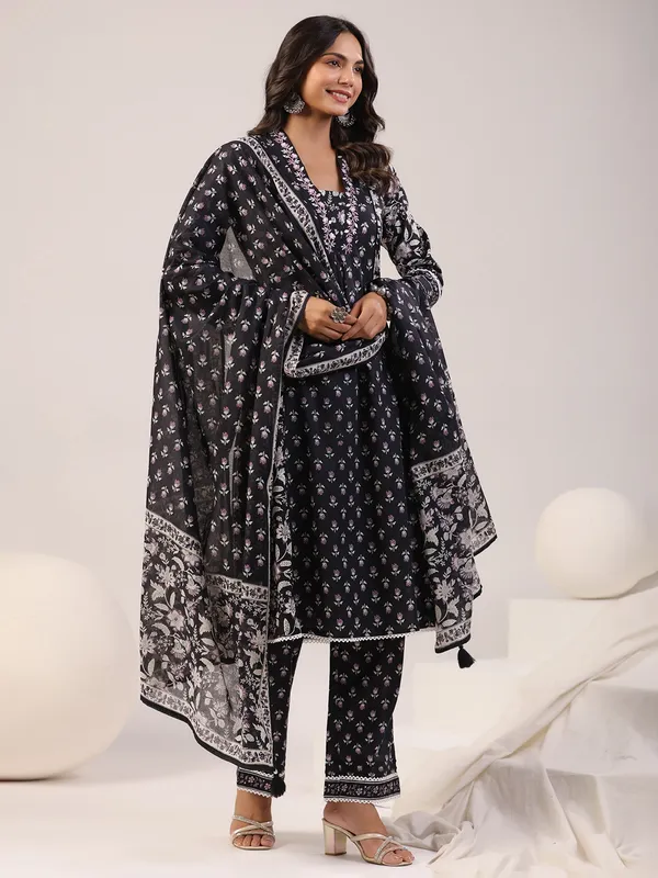 Purple and black casual printed cotton kurti set
