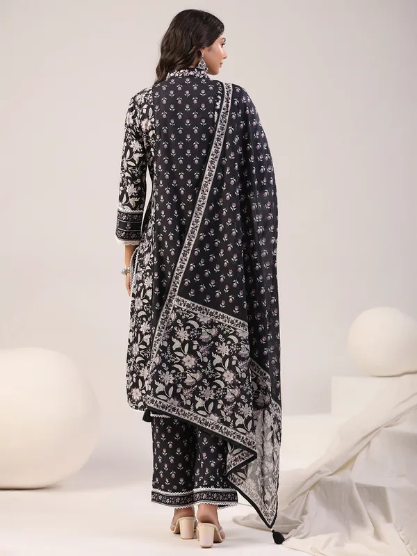 Purple and black casual printed cotton kurti set