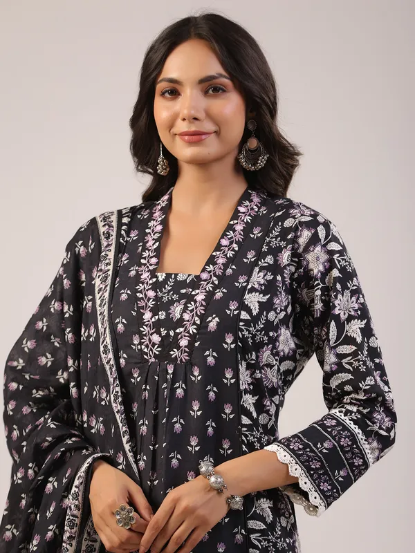 Purple and black casual printed cotton kurti set